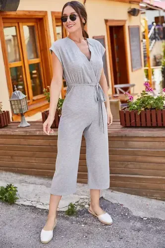 Women's Grey Crossover Belted Jumpsuit ARM-20Y042008-Grey - 1