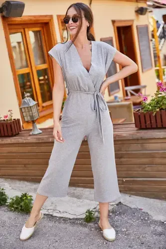 Women's Grey Crossover Belted Jumpsuit ARM-20Y042008-Grey - 2