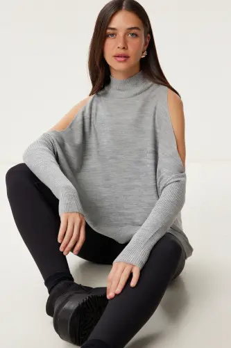 Women's Grey Cut Out Detailed Oversize Knit Sweater AS00015-Grey - 1