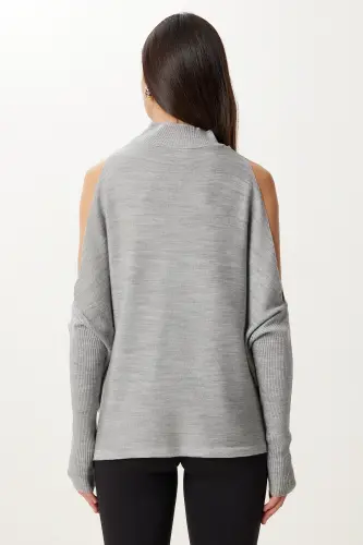 Women's Grey Cut Out Detailed Oversize Knit Sweater AS00015-Grey - 5