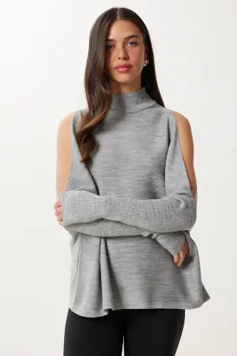 Women's Grey Cut Out Detailed Oversize Knit Sweater AS00015-Grey - 2