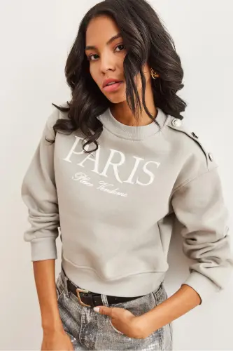 Women's Grey Dolphin Detail Button-Shoulder Thistle Crop Sweatshirt SWT-19000695 - OLALOOK (1)