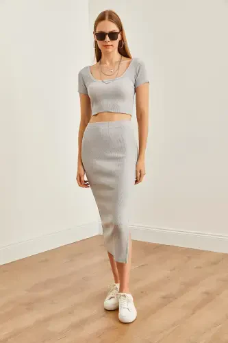 Women's Grey Funnel Neck Crop Blouse Slit Pencil Skirt - OLALOOK (1)