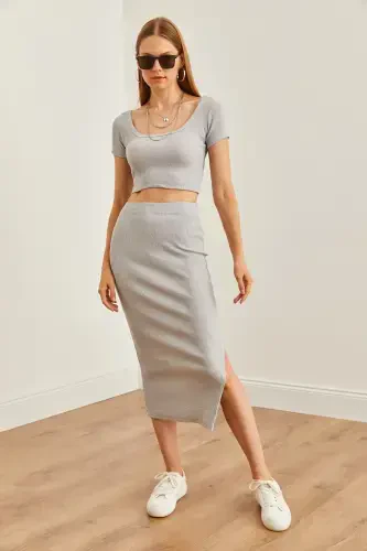 Women's Grey Funnel Neck Crop Blouse Slit Pencil Skirt - 3