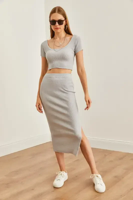 Women's Grey Funnel Neck Crop Blouse Slit Pencil Skirt - 3