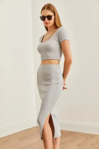 Women's Grey Funnel Neck Crop Blouse Slit Pencil Skirt - 4