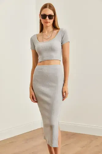 Women's Grey Funnel Neck Crop Blouse Slit Pencil Skirt - 5