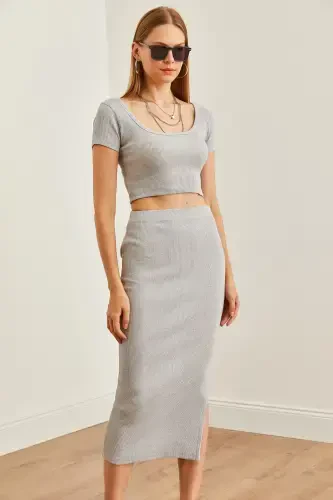 Women's Grey Funnel Neck Crop Blouse Slit Pencil Skirt - 6