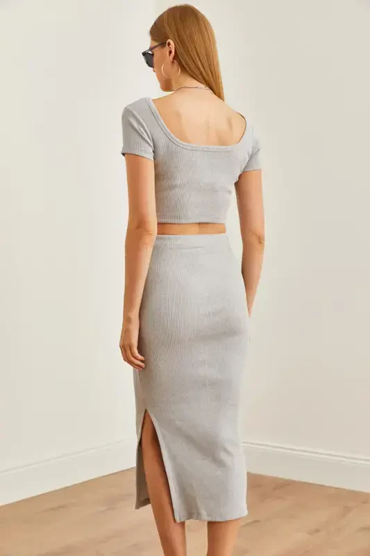 Women's Grey Funnel Neck Crop Blouse Slit Pencil Skirt - 7