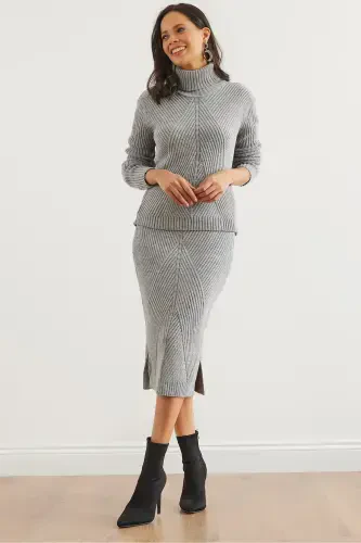 Women's Grey Geometric Textured Skirt Knitwear Set TKM-19000325-Grey - 1