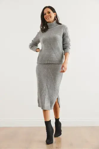 Women's Grey Geometric Textured Skirt Knitwear Set TKM-19000325-Grey - 3