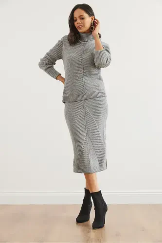 Women's Grey Geometric Textured Skirt Knitwear Set TKM-19000325-Grey - 4