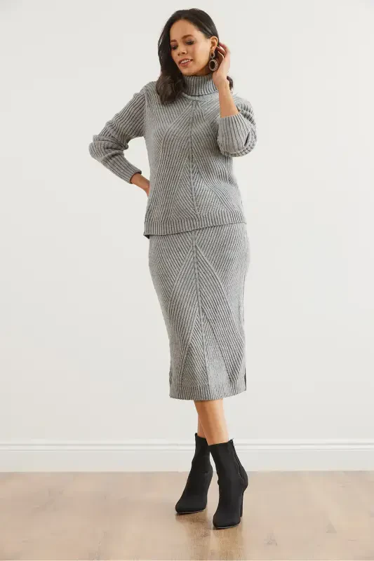 Women's Grey Geometric Textured Skirt Knitwear Set TKM-19000325-Grey - 4