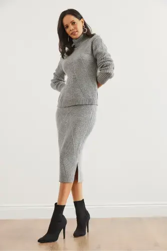 Women's Grey Geometric Textured Skirt Knitwear Set TKM-19000325-Grey - 5
