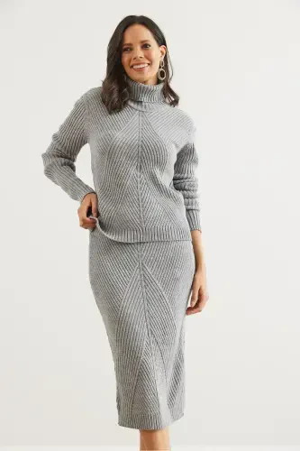 Women's Grey Geometric Textured Skirt Knitwear Set TKM-19000325-Grey - 6