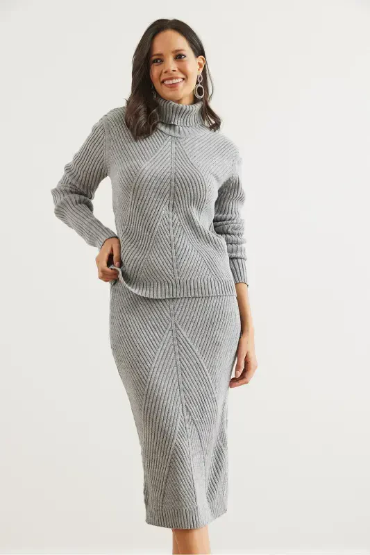 Women's Grey Geometric Textured Skirt Knitwear Set TKM-19000325-Grey - 6