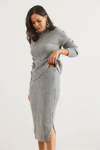 Women's Grey Geometric Textured Skirt Knitwear Set TKM-19000325-Grey - 7