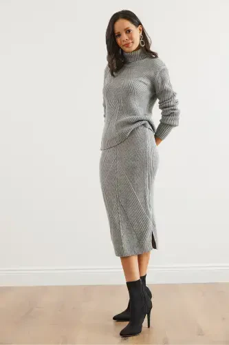 Women's Grey Geometric Textured Skirt Knitwear Set TKM-19000325-Grey - 8