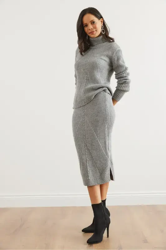 Women's Grey Geometric Textured Skirt Knitwear Set TKM-19000325-Grey - 8