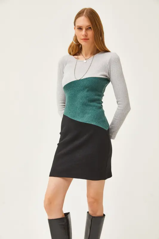 Women's Grey Green Black Color Blocked Fleece Mini Dress ELB-19002040-Grey Green Black - 3