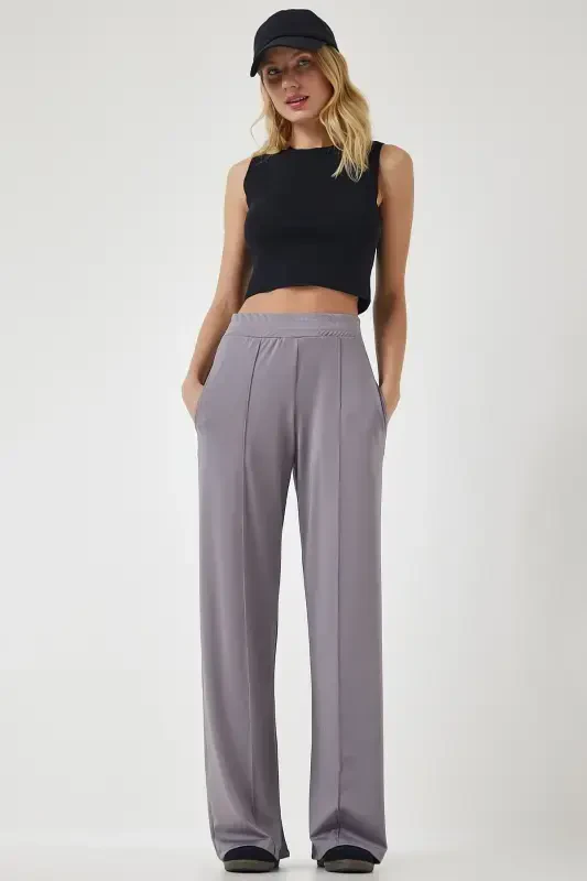 Women's Grey High Waist Flexible Track Pants BF00030-Grey - HAPPINESS İSTANBUL
