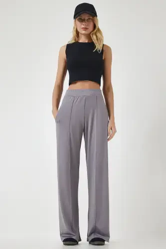 Women's Grey High Waist Flexible Track Pants BF00030-Grey - HAPPINESS İSTANBUL (1)