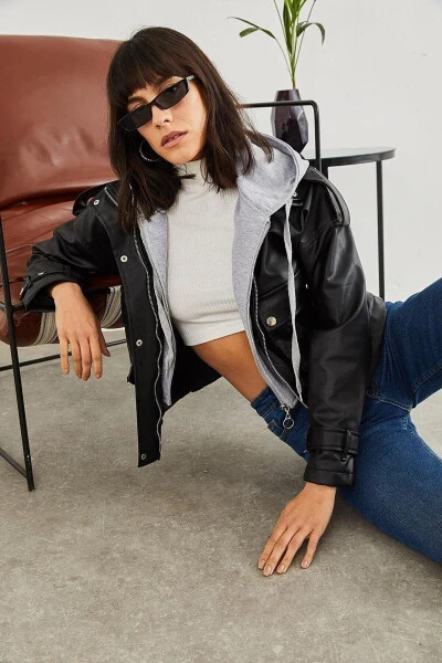 Women's Grey Hooded Leather Jacket - GENEL MARKALAR (1)