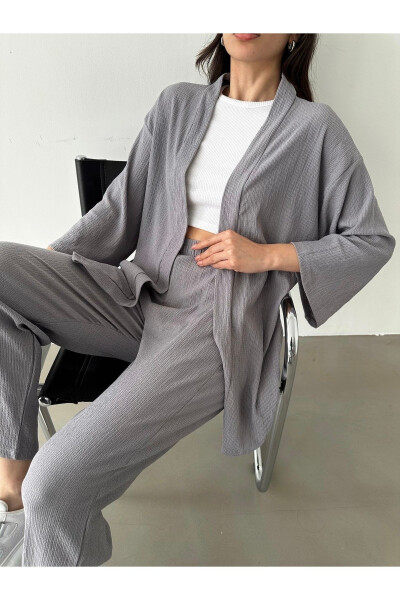 Women's Grey Kimono Pants Knit Set - 9