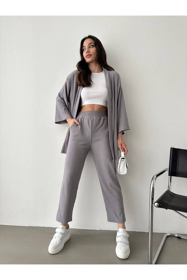 Women's Grey Kimono Pants Knit Set - 1