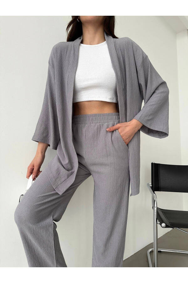 Women's Grey Kimono Pants Knit Set - 2
