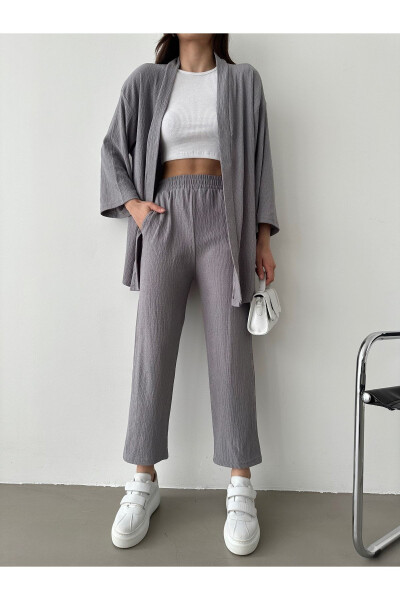 Women's Grey Kimono Pants Knit Set - 3