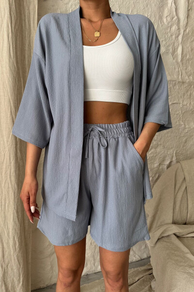 Women's Grey Kimono Shirt Shorts Set - 2