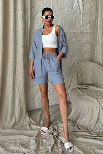 Women's Grey Kimono Shirt Shorts Set - 4