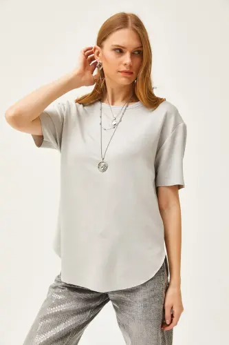 Women's Grey Modal Buttoned Soft Textured Oval Bottom - 3