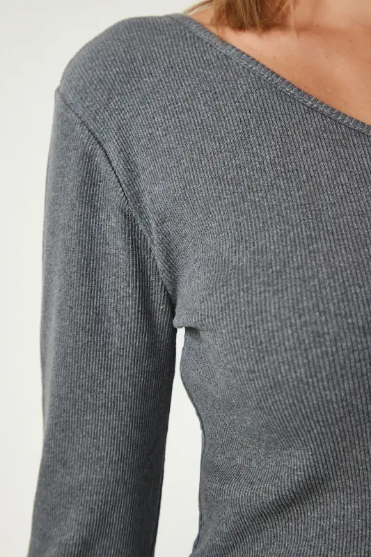 Women's Grey Off-Shoulder Ribbed Knit Blouse TG00011-Grey - 5