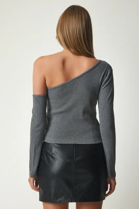 Women's Grey Off-Shoulder Ribbed Knit Blouse TG00011-Grey - 6