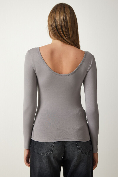 Women's Grey Oversized U Neck Viscose Knitted Blouse RX00043-Gr - 4