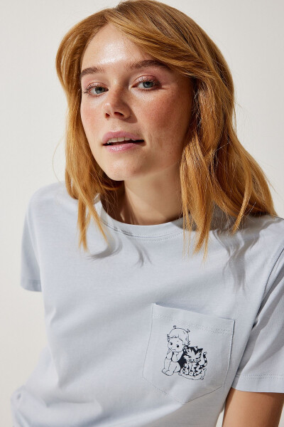 Women's Grey Pocket Knitted T-Shirt UB00252 - HAPPINESS İSTANBUL