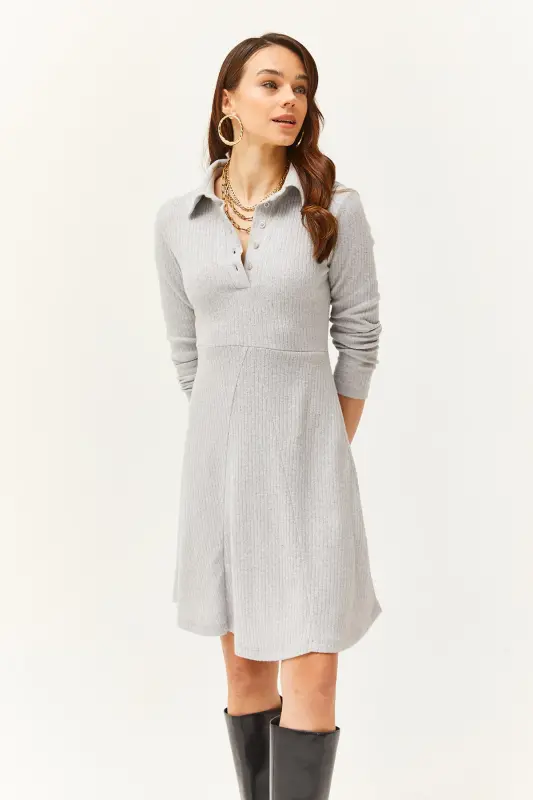 Women's Grey Polo Collar Buttoned Mini Flared Dress ELB-19002030-Grey - 3