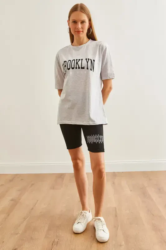 Women's Grey Printed Leggings T-Shirt Set TKM-19000301-G - OLALOOK