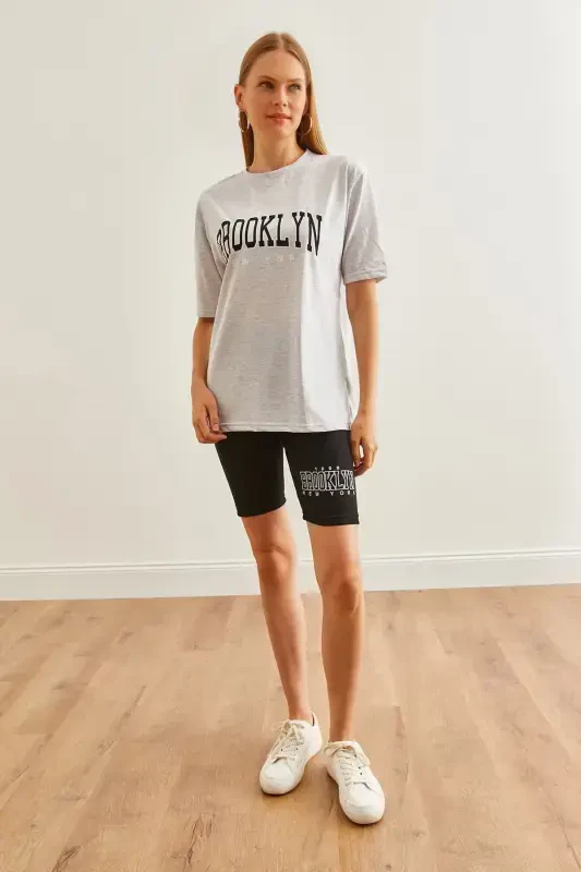 Women's Grey Printed Leggings T-Shirt Set TKM-19000301-G - 2