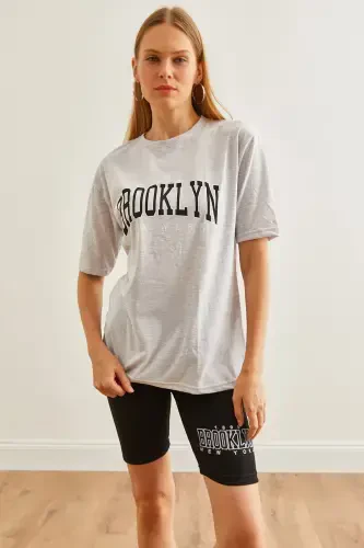 Women's Grey Printed Leggings T-Shirt Set TKM-19000301-G - 6