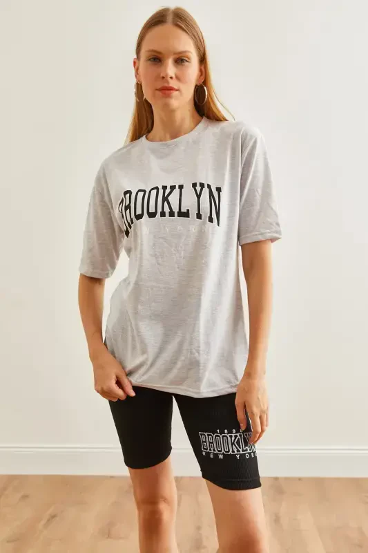 Women's Grey Printed Leggings T-Shirt Set TKM-19000301-G - 6