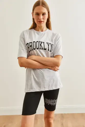 Women's Grey Printed Leggings T-Shirt Set TKM-19000301-G - 7