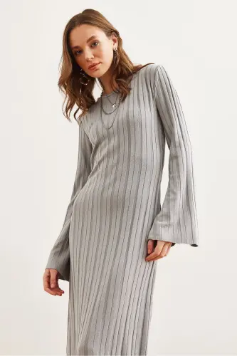 Women's Grey Self-Belted Spanish Sleeve Maxi Knit Dress - 4