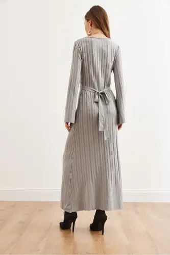 Women's Grey Self-Belted Spanish Sleeve Maxi Knit Dress - 5