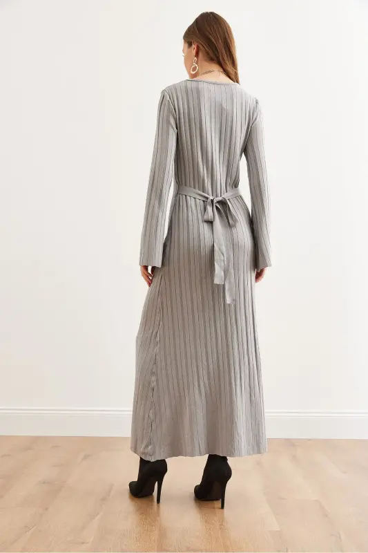 Women's Grey Self-Belted Spanish Sleeve Maxi Knit Dress - 5