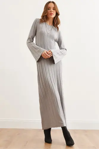 Women's Grey Self-Belted Spanish Sleeve Maxi Knit Dress - OLALOOK (1)