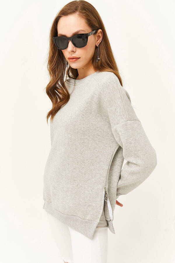 Women's Grey Side Zip Detail Inside Fleece Thick Sweatshirt SWT-19000624 - 1