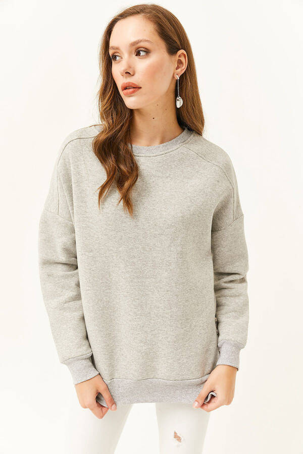 Women's Grey Side Zip Detail Inside Fleece Thick Sweatshirt SWT-19000624 - 2